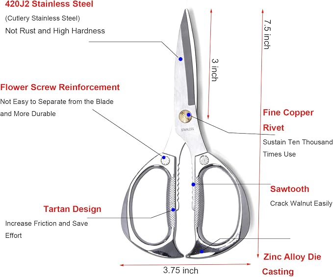 7.5in Stainless Steel Kitchen Scissors, Heavy Duty Shears - Image 2