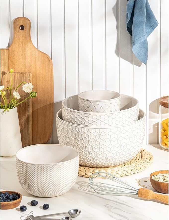 Ceramic Mixing Bowls, Embossed Nesting Bowls Set of 4, Mixing Bowl Set - Image 7