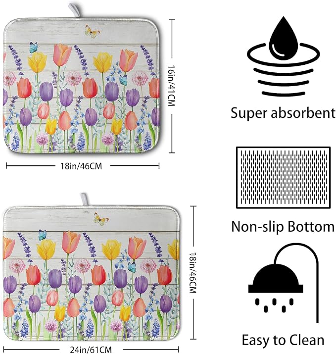 Tulip Floral Dish Drying Mat for Kitchen Counter Watercolor Spring Flower Dish - Image 2