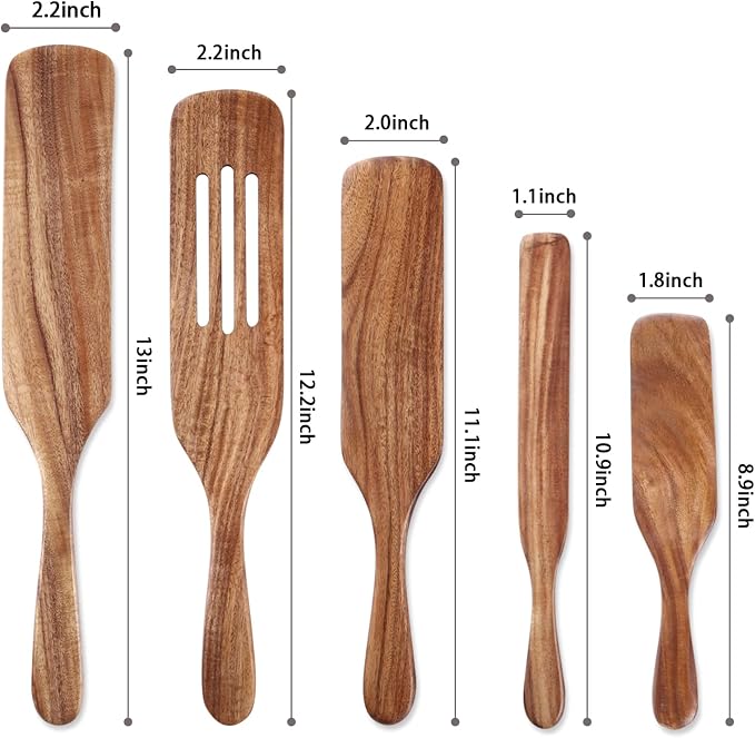 5Pcs Wooden Spurtle Set, Natural Acacia Wood Kitchen Utensils Set - Image 2