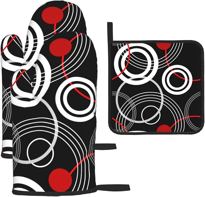 Modern Black Red Retro Oven Mitts and Pot Holders Sets of 3 Abstract Modern Hot by Unknown