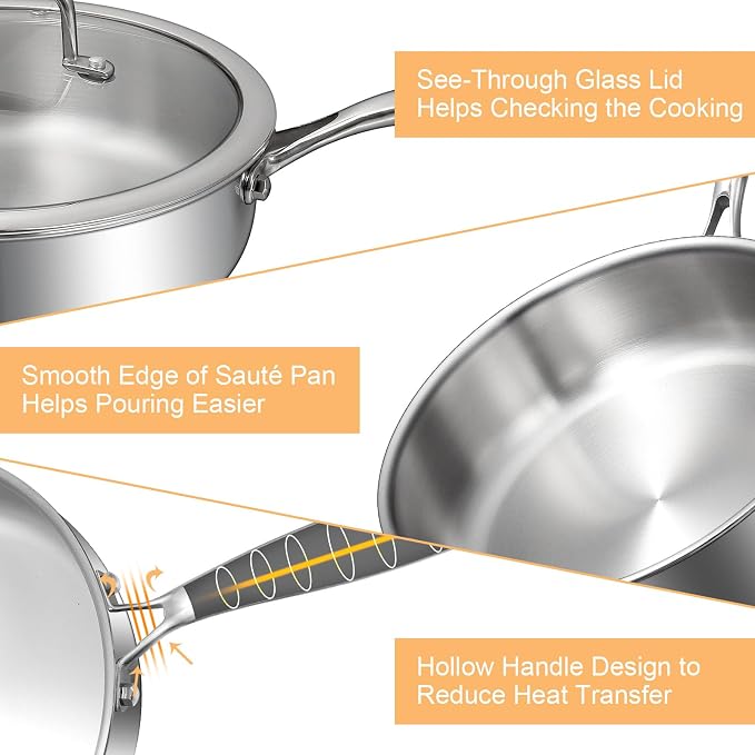 EWFEN Tri-Ply Stainless Steel Frying Pan 3QT, 10 Inch Deep Frying Pan - Image 7
