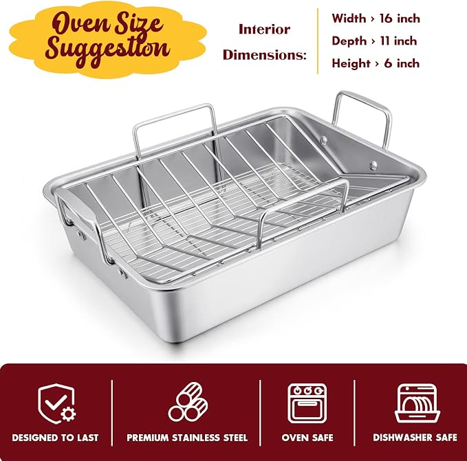 E-far 14 x 10.6 Inch Roasting Pan, Stainless Steel Turkey Roaster - Image 3