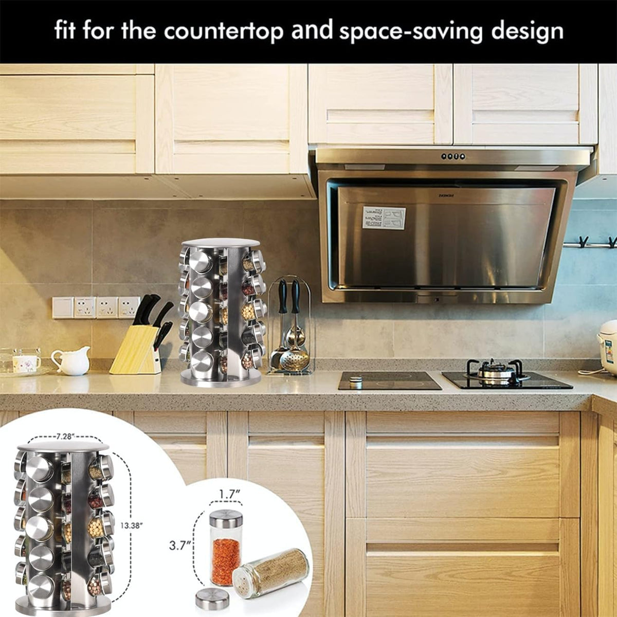 EBIZ&TECH 20-Jar Stainless Steel Rotating Spice Rack with Non-Slip