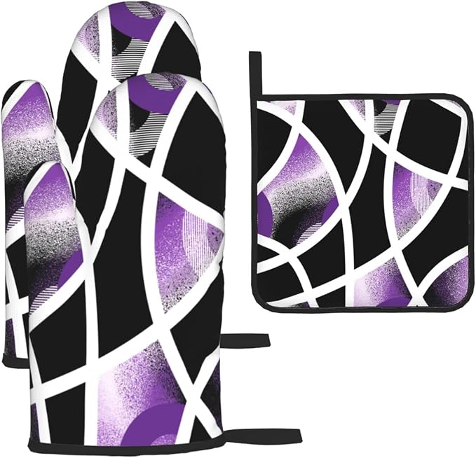 3-Piece Purple Black Abstract Geometric Oven Mitts and Pot Holders Set by Unknown