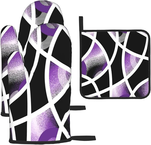 3-Piece Purple Black Abstract Geometric Oven Mitts and Pot Holders Set by Unknown