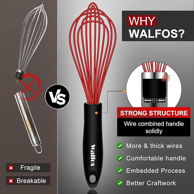 Walfos Whisk, Silicone Whisk Heat Resistant Kitchen Whisks Set of 4- - Image 8