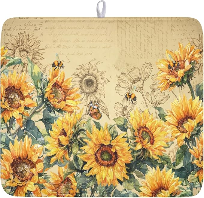 Sunflower Dish Drying Mat for Kitchen Counter Vintage Yellow Sunflowers by Unknown