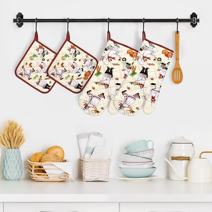 Chef Oven Mitts and Pot Holders Sets 4Pcs, 100% Cotton Heat Resistant, Extra - Image 5
