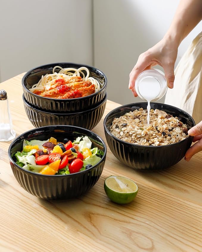 HASENSE 7 Inch Large Serving Bowls Set of 4, 42 Oz Black Ceramic Salad Bowl - Image 5