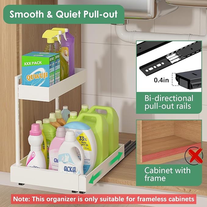 REALINN Under Sink Organizer Pull Out, L-Shaped 2 Tier Cabinet Organizer - Image 3