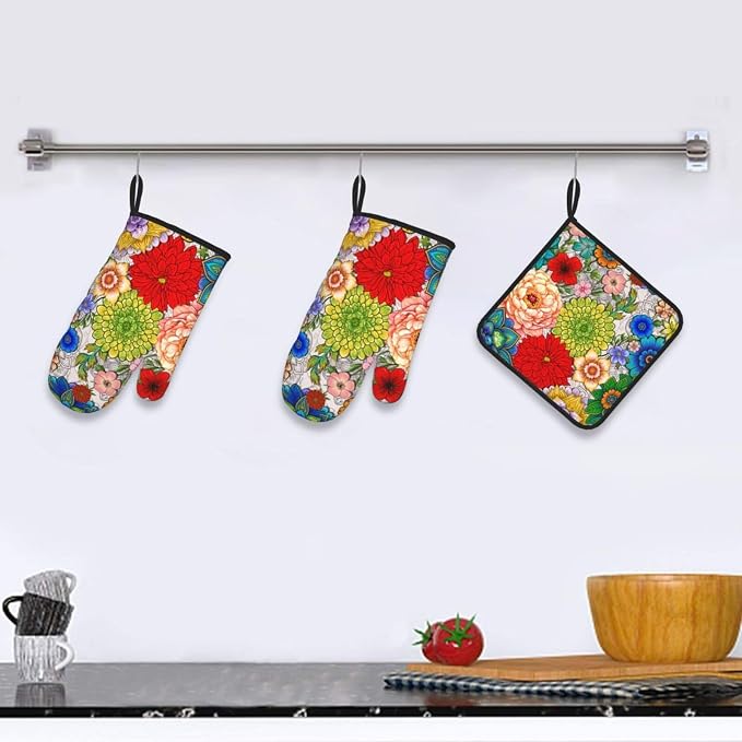 Boho Floral Oven Mitts and Pot Holders Set of 3, Cute Colorful Flowers Heat - Image 6