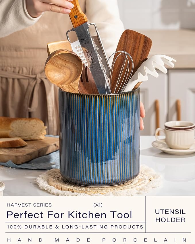 getstar Large Utensil Holder for Kitchen Counter, 7.2" Vintage Ceramic Utensils - Image 2