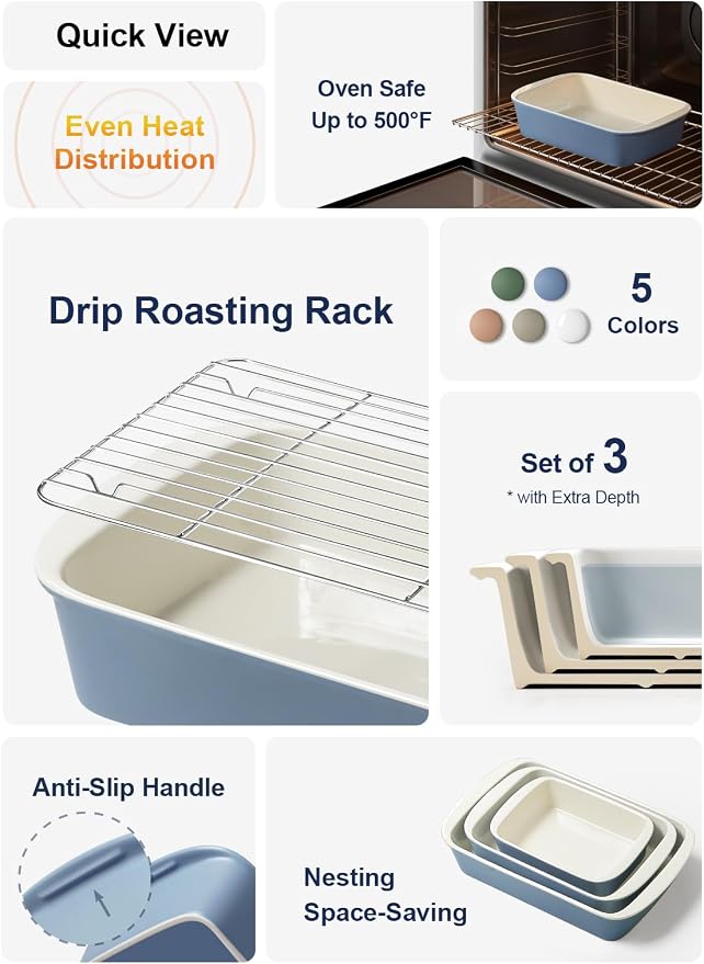 LE TAUCI Deep Casserole Dishes for Oven, 13.7”x9.6” Ceramic Baking Dish Set - Image 2