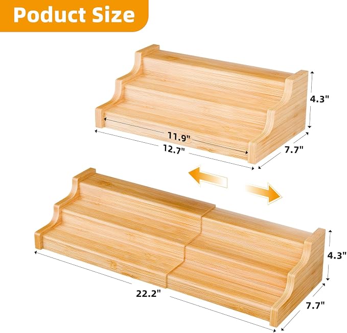 Simple Trending Spice Rack Kitchen Cabinet Organizer, 3 Tier Bamboo Expandable - Image 3