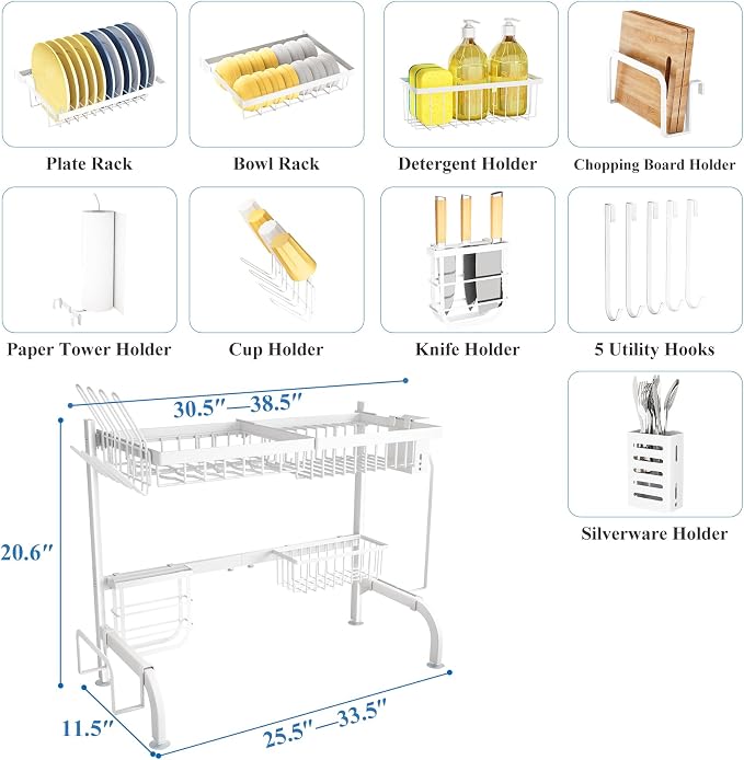 Over The Sink Dish Drying Rack, Adjustable 2 Tier Metal Steel Dish Drying Racks - Image 6