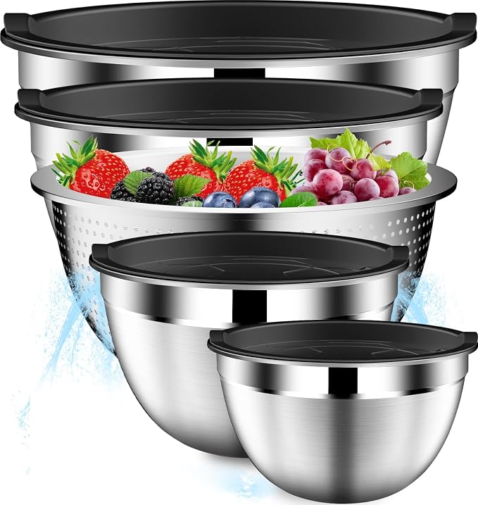 DUTZUN Mixing Bowls with Lids Set, Stainless Steel Mixing Bowls with Colander by DUTZUN