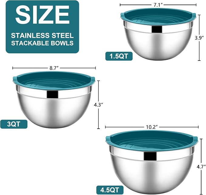 E-far Mixing Bowls with Lids, 6-Piece Stainless Steel Salad Bowls Metal Nesting - Image 2