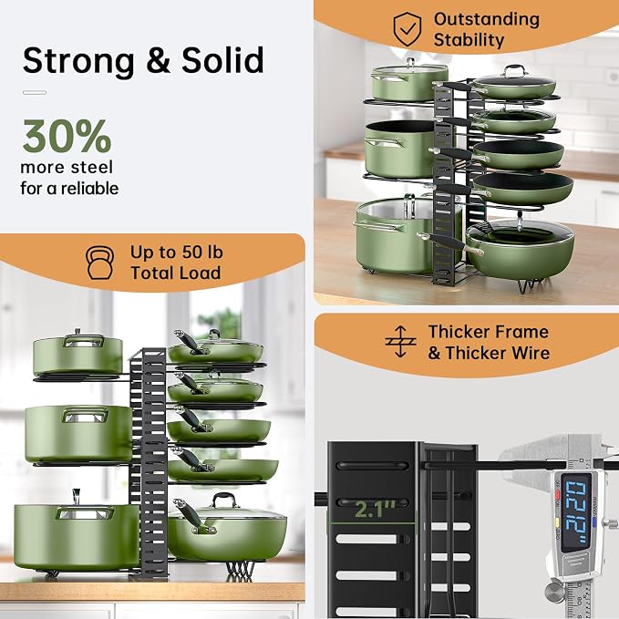 MUDEELA Pots and Pans Organizer Rack under Cabinet 8-Tiers Adjustable Pot Rack - Image 7