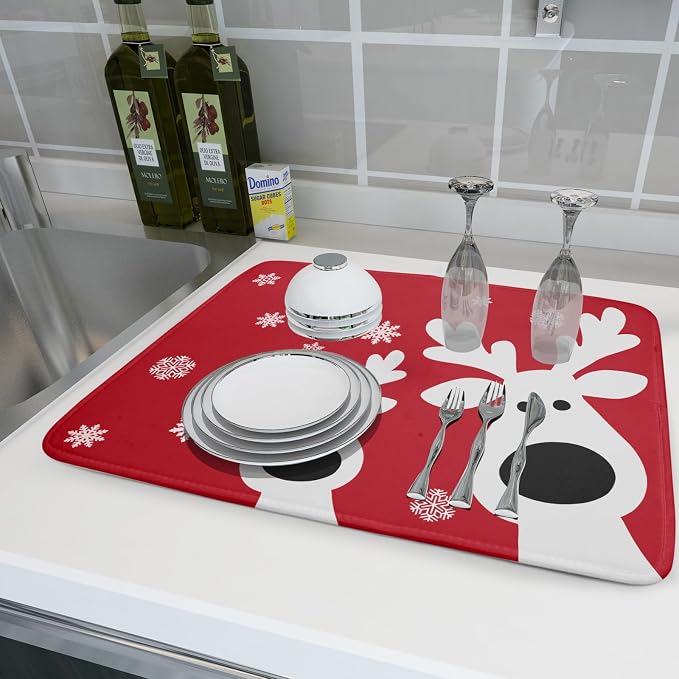 Christmas Dish Drying Mat for Kitchen Counter Cute Reindeer Winter Microfiber - Image 6