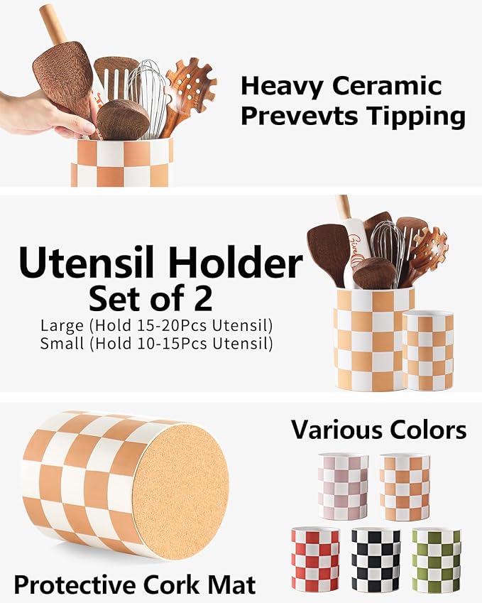 Utensil Holder，7.2 Inch Checkered Utensil Holder, Ceramic Cooking Utensil - Image 3