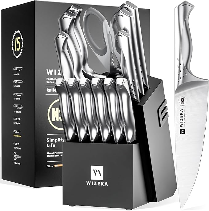 WIZEKA Kitchen Knife Set with Block: Razor Sharp 15 Pcs Professional Chef Knife by WIZEKA