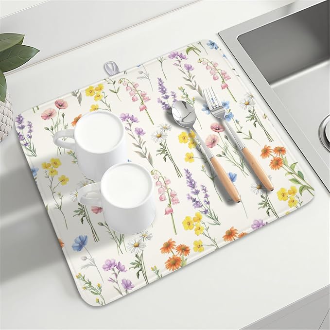 Spring Floral Dish Drying Mat for Kitchen Counter 16 x 18 Inch Colorful Flowers - Image 8