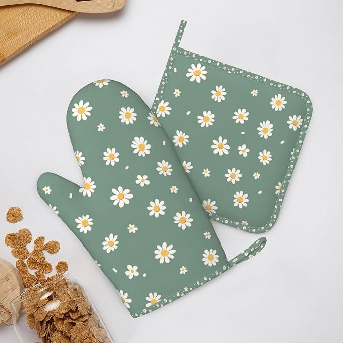 Oven Mitts and Pot Holders Daisy Flower Green Silicone Kitchen Accessories Set - Image 8