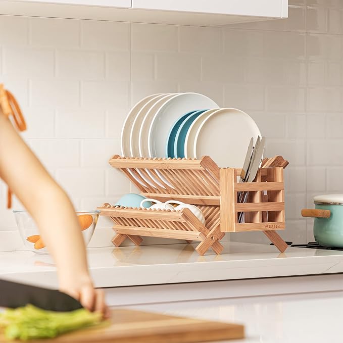 HBlife Dish Rack, Bamboo Folding 2-Tier Collapsible Drainer Dish Drying Rack - Image 5