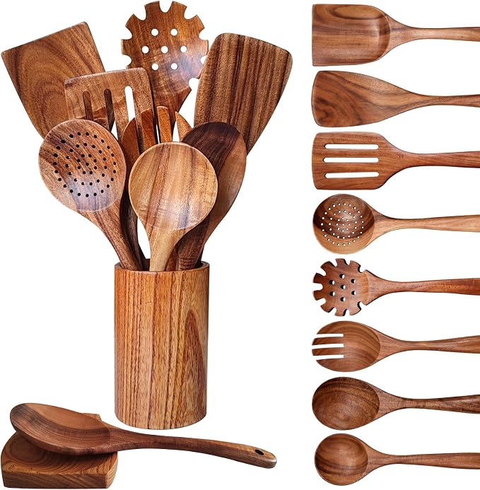 Wooden Spoons for Cooking 10 Pieces Set, Kitchen Utensils Spatula, Wooden by YYLTJR