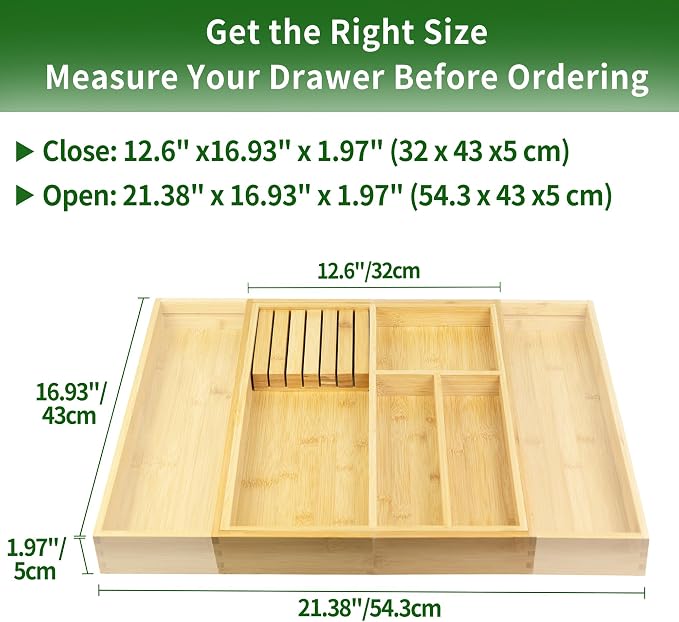 VaeFae Bamboo Kitchen Drawer Organizer, Utensil Tray - Image 2