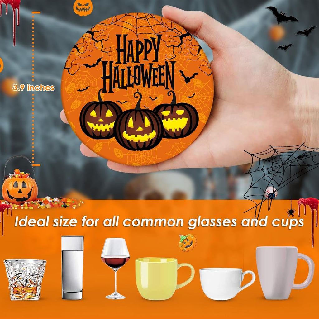 Halloween Ceramic Stone Coasters for Drinks, Set of 6, Pumpkin