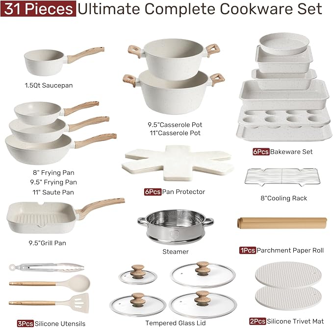 Kikcoin Pots and Pans Set Non Stick 31 Piece Kitchen Nonstick Cooking Cookware - Image 2
