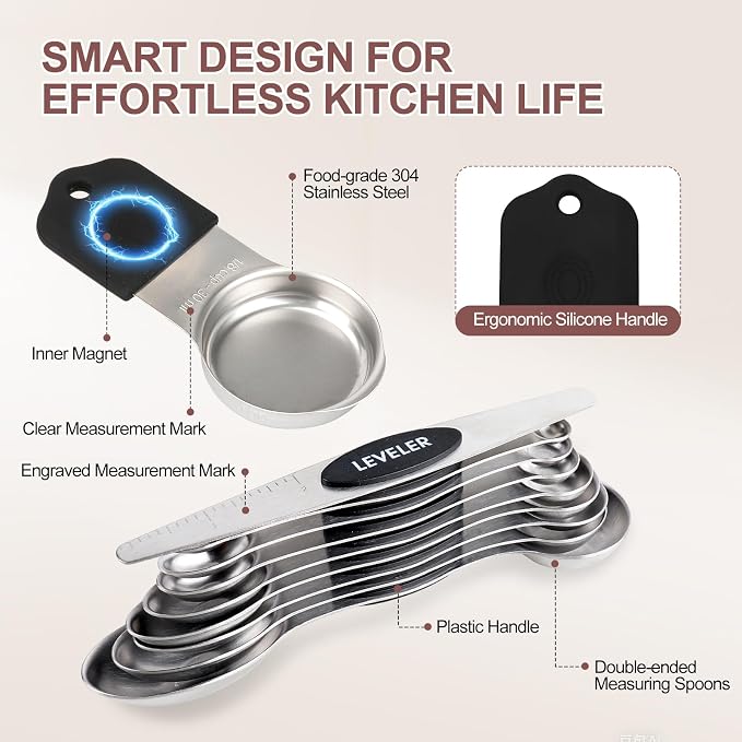 16-Piece Stainless Steel Measuring Cups and Spoons Set, Strong Magnetic Nesting - Image 2