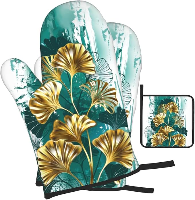 Teal Gold Green Leaves Oven Mitts and Pot Holders Set Heat Resistant Non Slip - Image 2