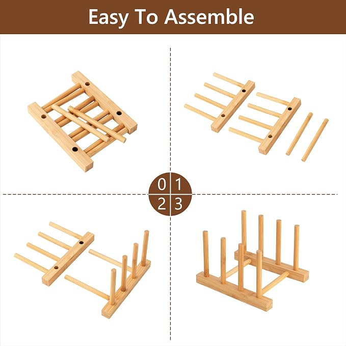 HBlife 4pcs Bamboo Dish Plate Bowl Cup Book Pot Lid Cutting Board Drying Rack - Image 7