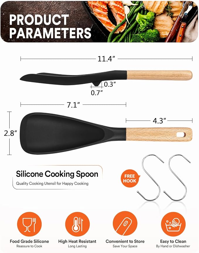 Cooking Spoon for Nonstick Cookwares, Wood Handle Spoon for Mixing, and Scrape - Image 2