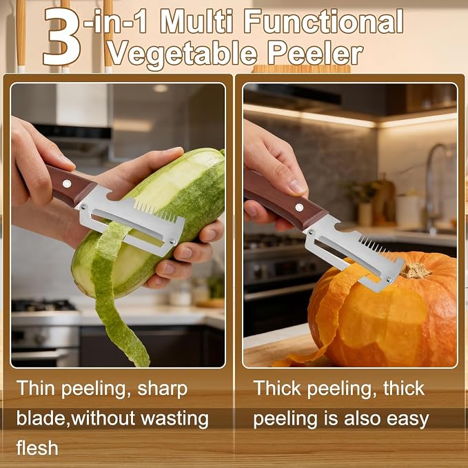 2PCS Multifunctional Vegetable Peeler, Upgrade 3-in-1 Wooden Handle Peelers - Image 5