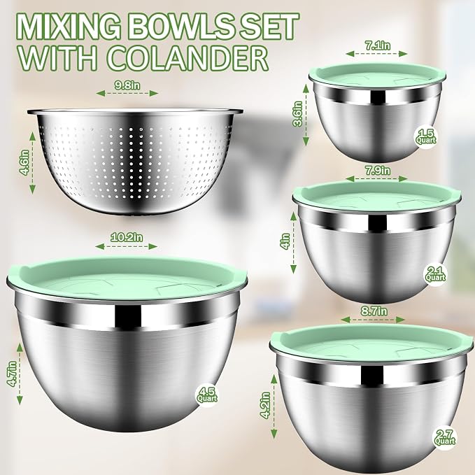 DUTZUN Mixing Bowls with Lids Set, Stainless Steel Mixing Bowl Set with Colander - Image 2