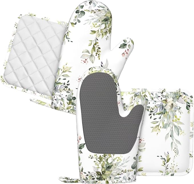 Sage Green Eucalyptus Oven Mitts and Pot Holders Sets Silicone Watercolor - Image 2