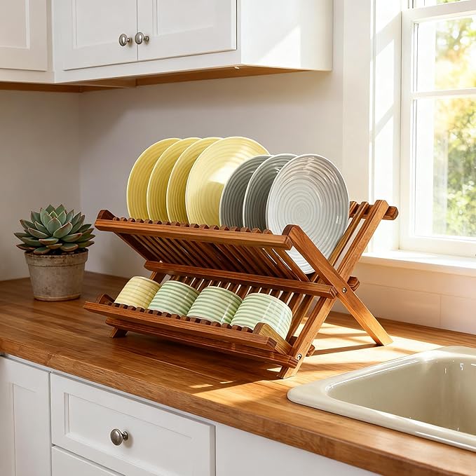 Utoplike Teak Dish Drainer Rack Collapsible 2 Tier Dish Rack Dish Drying Rack - Image 5