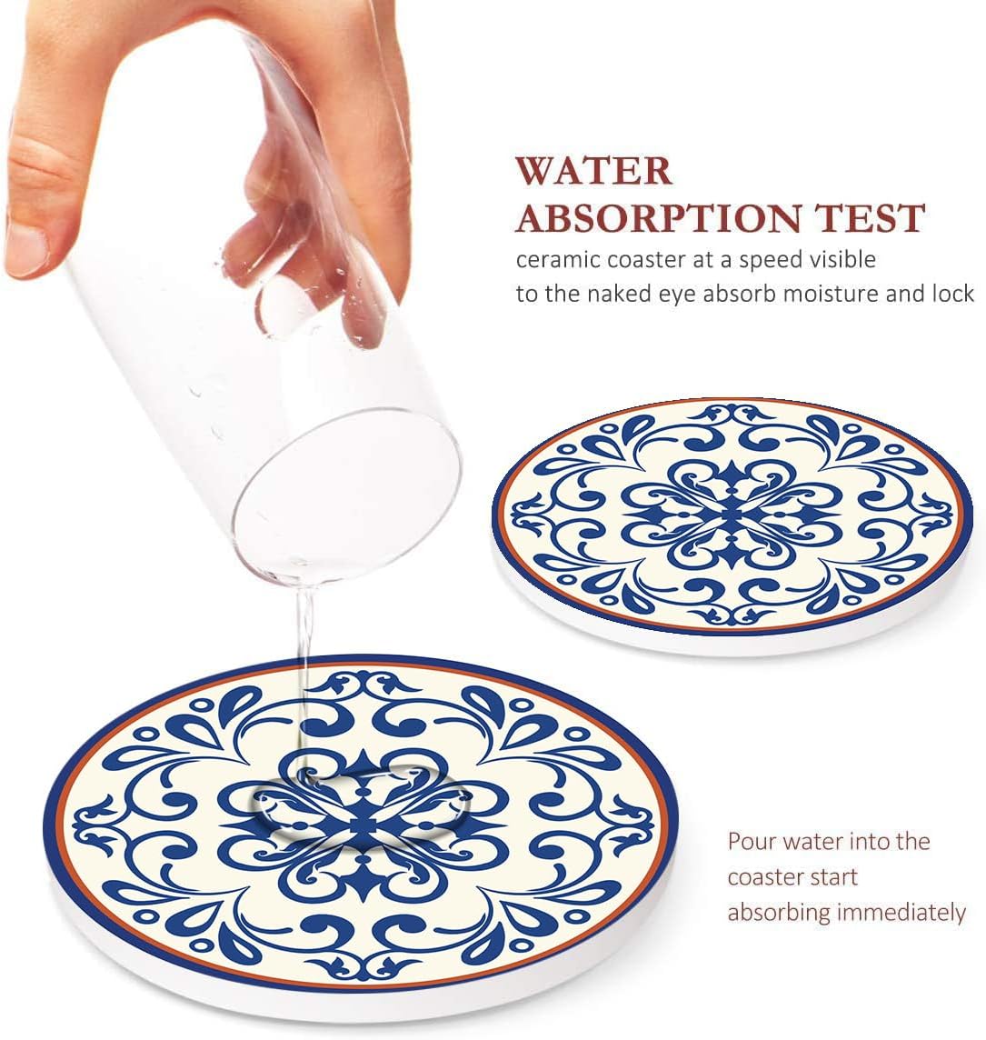 Coasters for Drinks, Set of 6, Ceramic Stone Vintage Blue