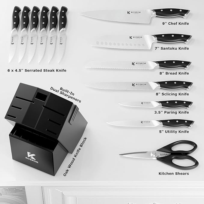 Kitchen Knife Set with Block: 15-Piece German Stainless Steel with Dual - Image 2
