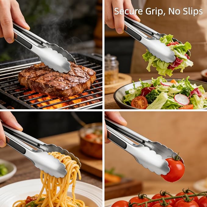 Stainless Steel Grill Tongs Set, Heat Resistant Metal Food Tongs - Image 3