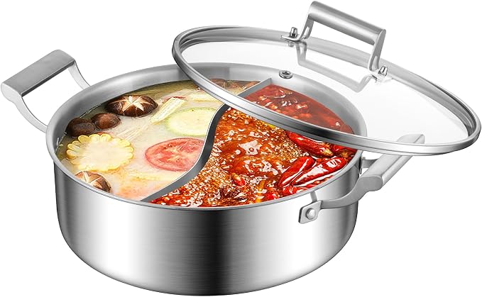 Delarlo 6.8QT Tri-Ply Stainless Steel Double-flavor Shabu Shabu Pot 12 inch by DELARLOCOOKWARE