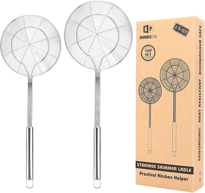 Pack of 2 Large Spider Strainer, Stainless Steel Skimmer Basket, Kitchen Ladle by BUNDLEPRO