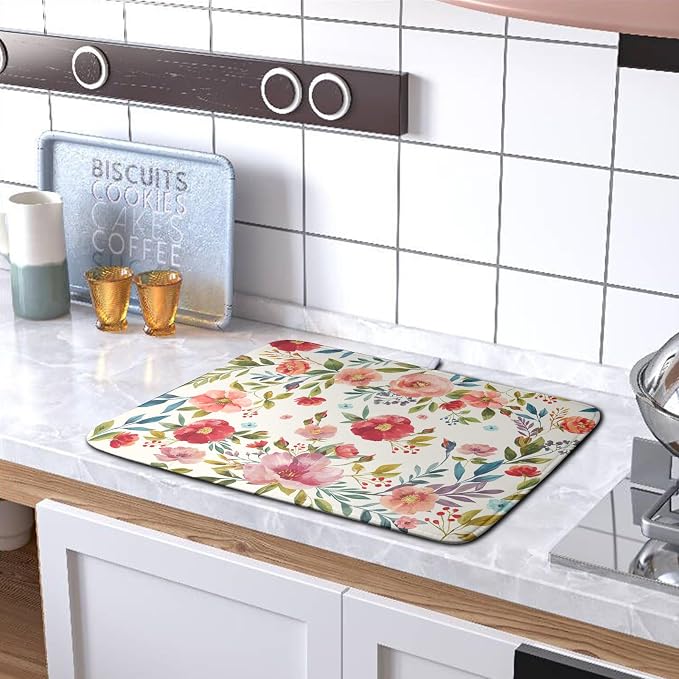 Floral Dish Drying Mat for Kitchen Counter Absorbent Microfiber Dishes Drying - Image 5