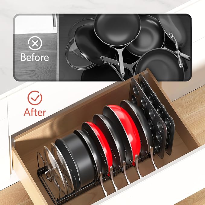 ORDORA Pots and Pans Organizer under Cabinet, Expandable 11.8"-22.8" Pot Lid - Image 6