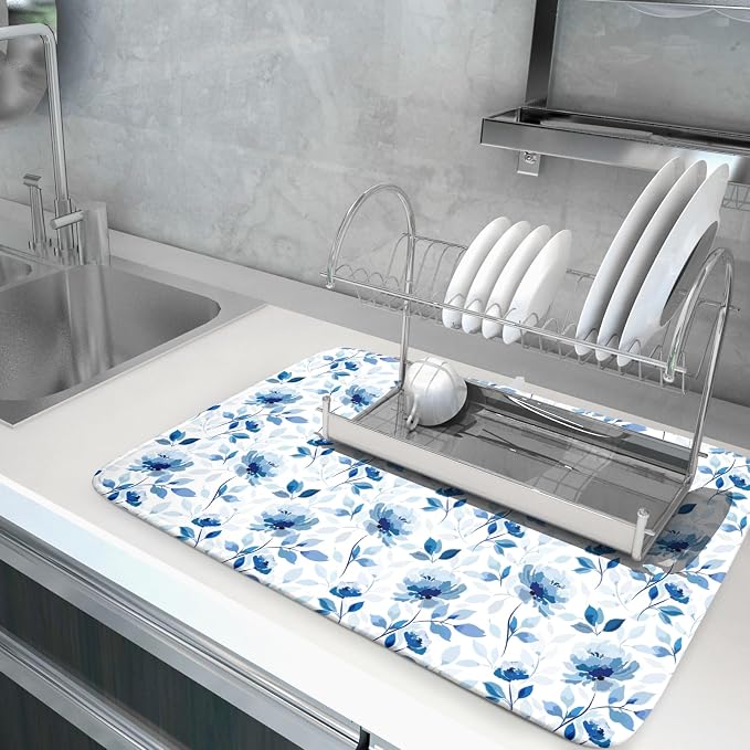 Blue Floral Dish Drying Mat 18x24 inch Flower Leaves Dish Rack Pad Microfiber - Image 5