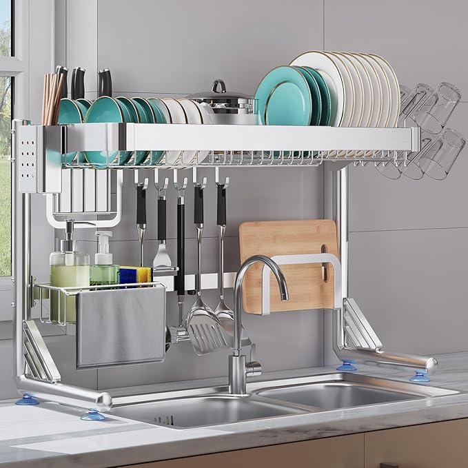 Over The Sink Dish Drainer Drying Rack, 2 Tier Adjustable Width 304 Stainless by Shrivee